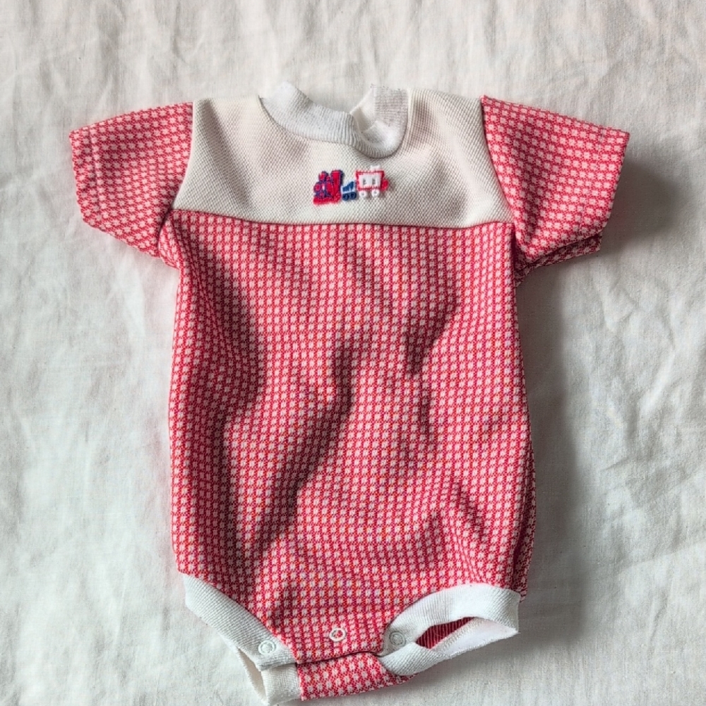Red and White Baby Romper with Train Design